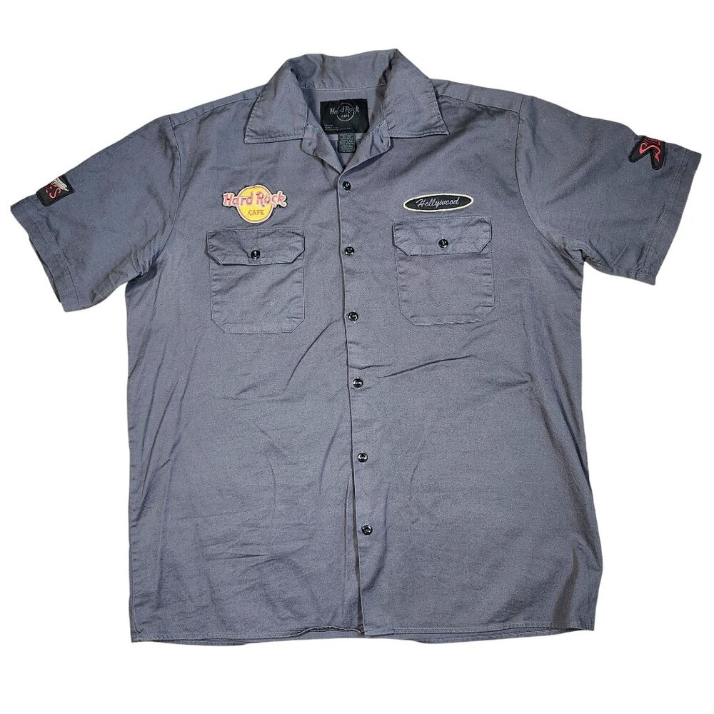 Hard Rock Cafe Hollywood Mens Short Sleeve Button-Up Shirt Gray Large
